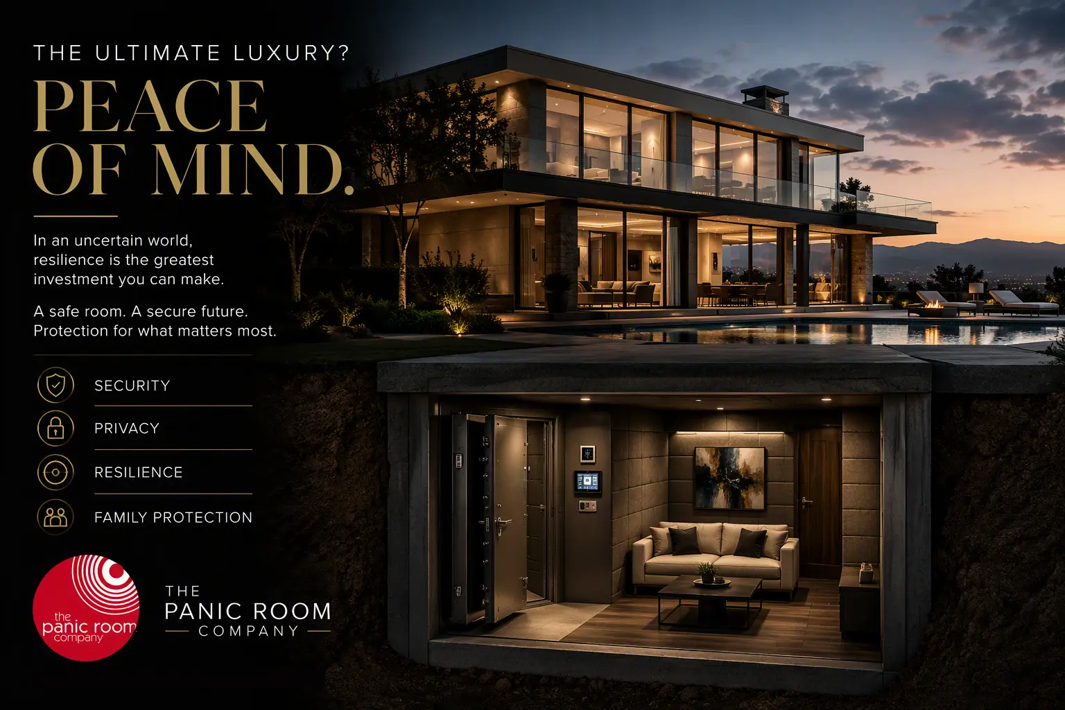 Luxury home security graphic showing a large modern glass-fronted residence at dusk with warm interior lighting and an outdoor pool. A cutaway section beneath the property reveals a discreet, professionally designed safe room featuring a reinforced security door, secure access controls, seating area and premium interior finishes. The graphic headline reads: "THE ULTIMATE LUXURY? PEACE OF MIND." Supporting text states: "In an uncertain world, resilience is the greatest investment you can make. A safe room. A secure future. Protection for what matters most." Four key benefits are listed: Security Privacy Resilience Family Protection The Panic Room Company logo appears in the lower left corner alongside company branding. The overall design conveys the concept of resilience, discreet protection and luxury residential security integrated into a high-end home environment.