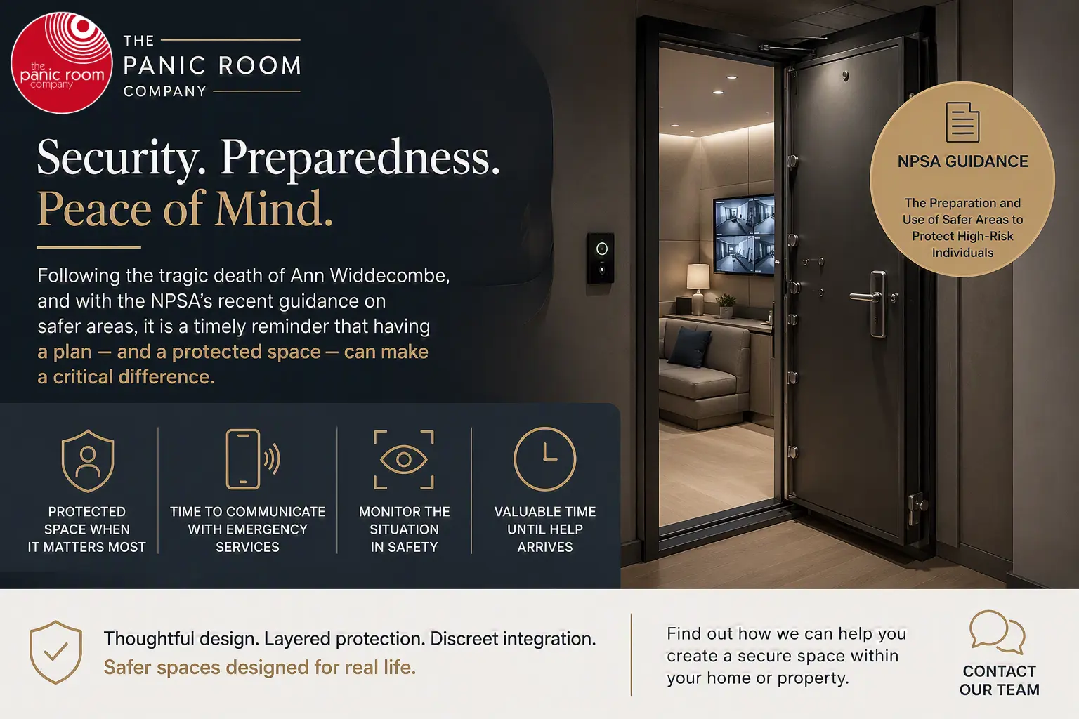 Modern panic room and safer space designed for residential security. The graphic highlights NPSA guidance on protected areas, emergency communication, situational awareness and personal resilience within the home.