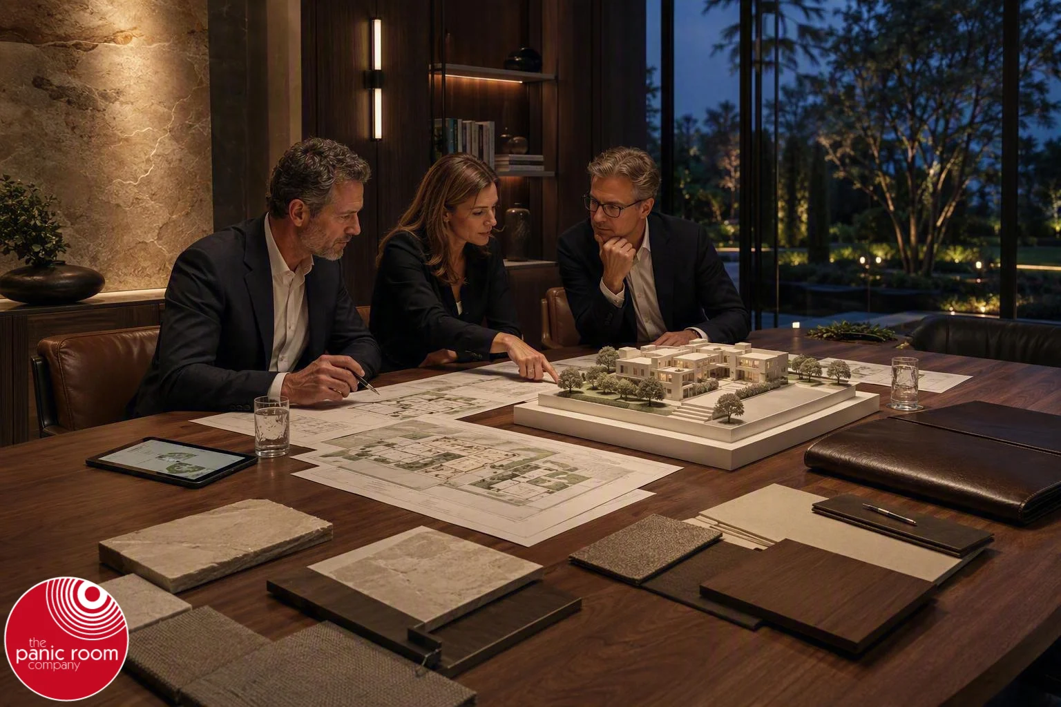 Three property professionals review architectural plans, material samples and a scale model of a luxury country residence around a walnut boardroom table in an elegant contemporary meeting space overlooking landscaped gardens at dusk.