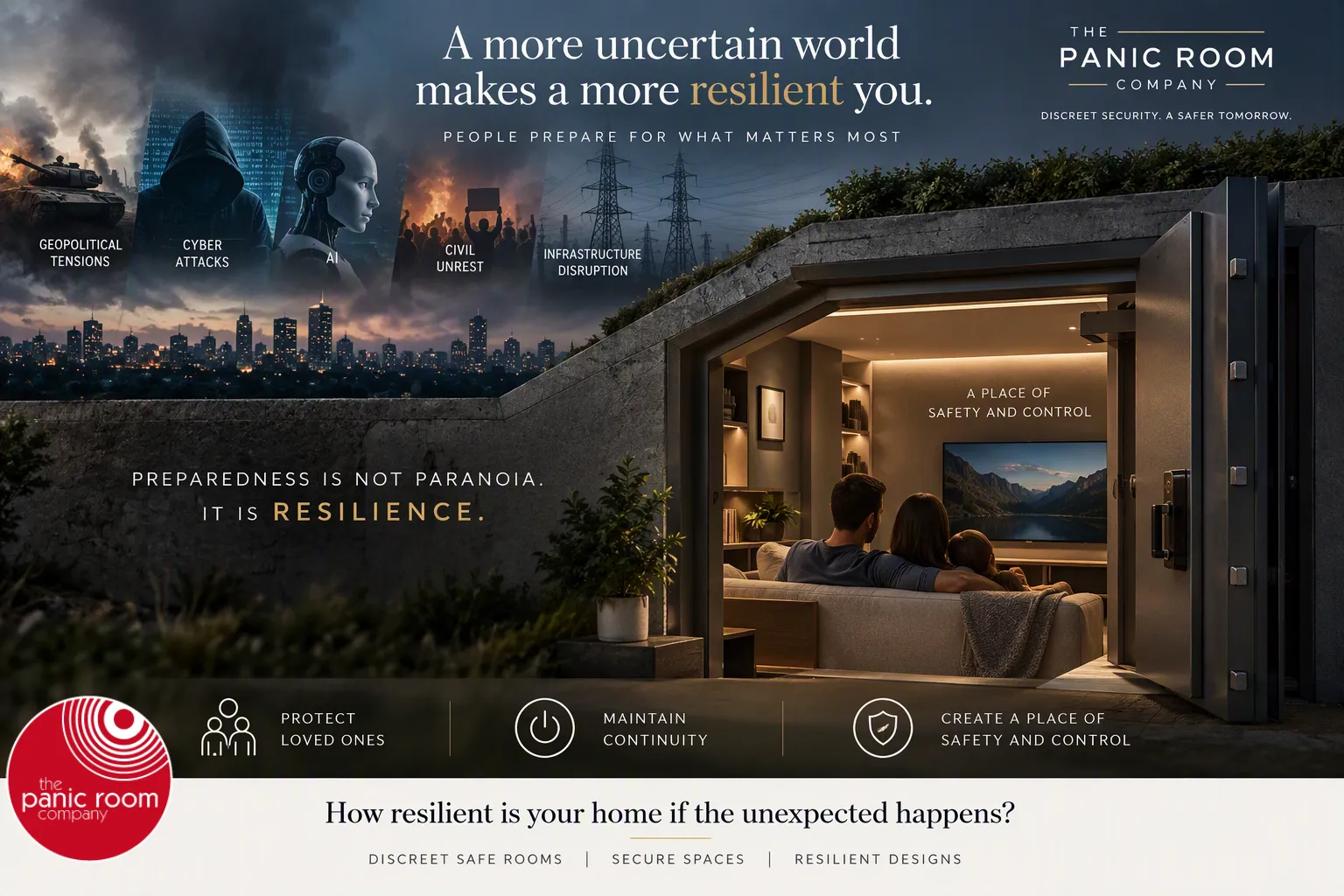 The Panic Room Company advertisement featuring a modern, discreet underground panic room integrated into a residential property. A reinforced security door opens into a comfortable living space where occupants sit facing a large screen. The surrounding graphic illustrates contemporary risks including military conflict, cyber threats, artificial intelligence, civil unrest, and infrastructure disruption against a dark urban skyline. Text highlights the themes of resilience, preparedness, protecting loved ones, maintaining continuity, and creating a place of safety and control, with the tagline “Preparedness is not paranoia. It is resilience.”